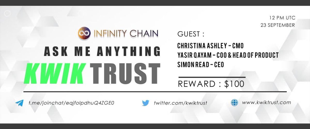Infinity_Chains's tweet photo. Hello community, We're having an #AMA with KwikTrust on 23 September 2021 | 12 PM UTC

Rules: 
1. Detail https://t.co/iEISrHD5c1
2. Follow Twitter 
@Infinity_Chains &amp; @KwikTrust 
Like, Retweet, Comment max 3 Question &amp; Tag Your Friends https://t.co/0tQkU5BaVK