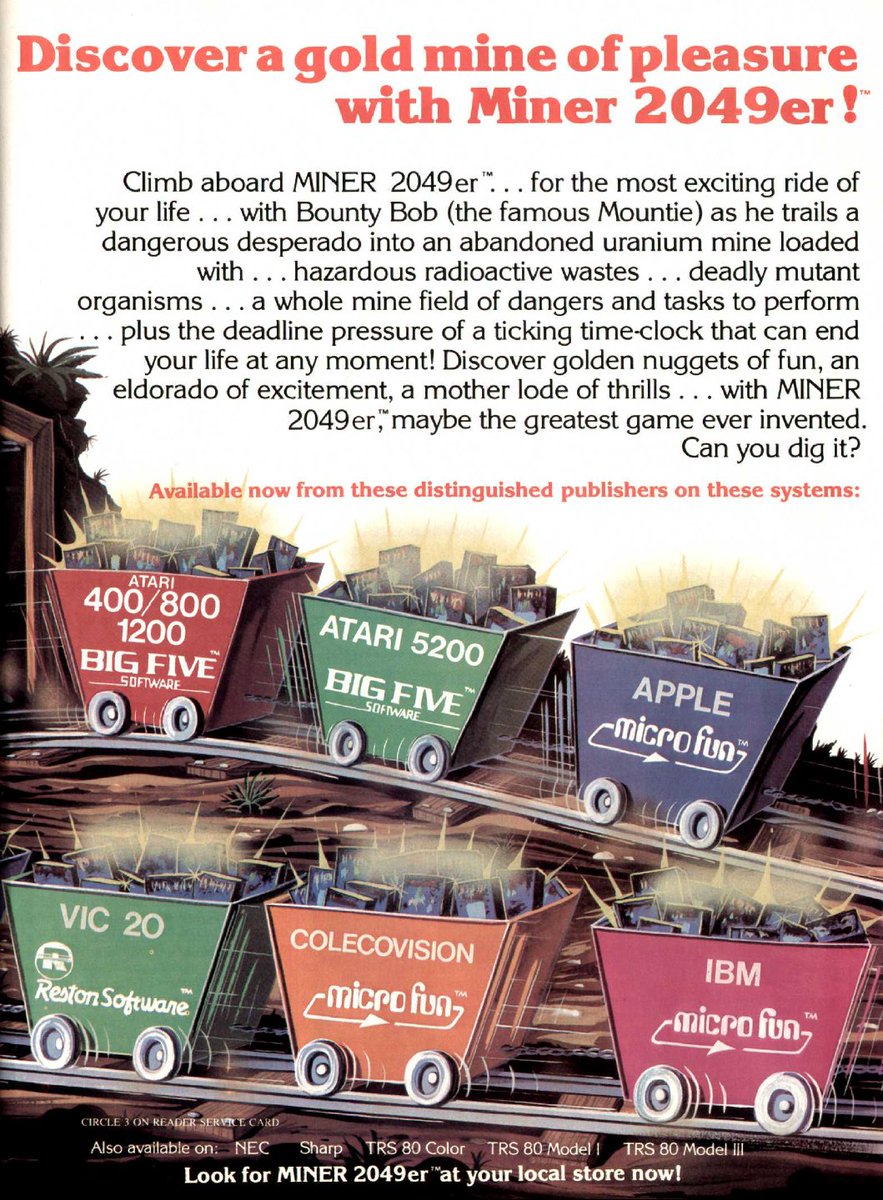 TakodanTweets's tweet photo. 1983 two-page advert for the excellent 'Miner 2049er' by #BigFiveSoftware and some of their licensing on #TI994A #Atari2600 #Atari5200 #Atari400 #Atari800 #Atari1200 #Commodore #C64 #VIC20 #Colecovision #Apple and #IBM https://t.co/QFuOODkQ4v