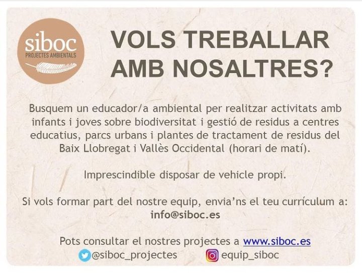 Siboc_Projectes's tweet photo. T'agrada l'educació ambiental? Vols treballar amb nosaltres!
Envia'ns el teu currículum a info@siboc.es !!

#educacioambiental #mediambient #natura #biodiversitat #residus #equip https://t.co/VhZ5MvyCn0