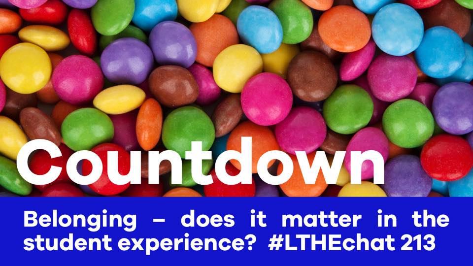 #Coutdown begins to #LTHEchat 213 
Led tonight @JennnCrow  on the important topic of 'Belonging – does it matter in the student experience?'
#JoinUs 8-9pm BST (live) and for 24hrs afterwards (at your leisure)

#SeeYouIn12Hours #Community #Conversation

https://t.co/gxdFgoKChV https://t.co/xlvOyYiiyW