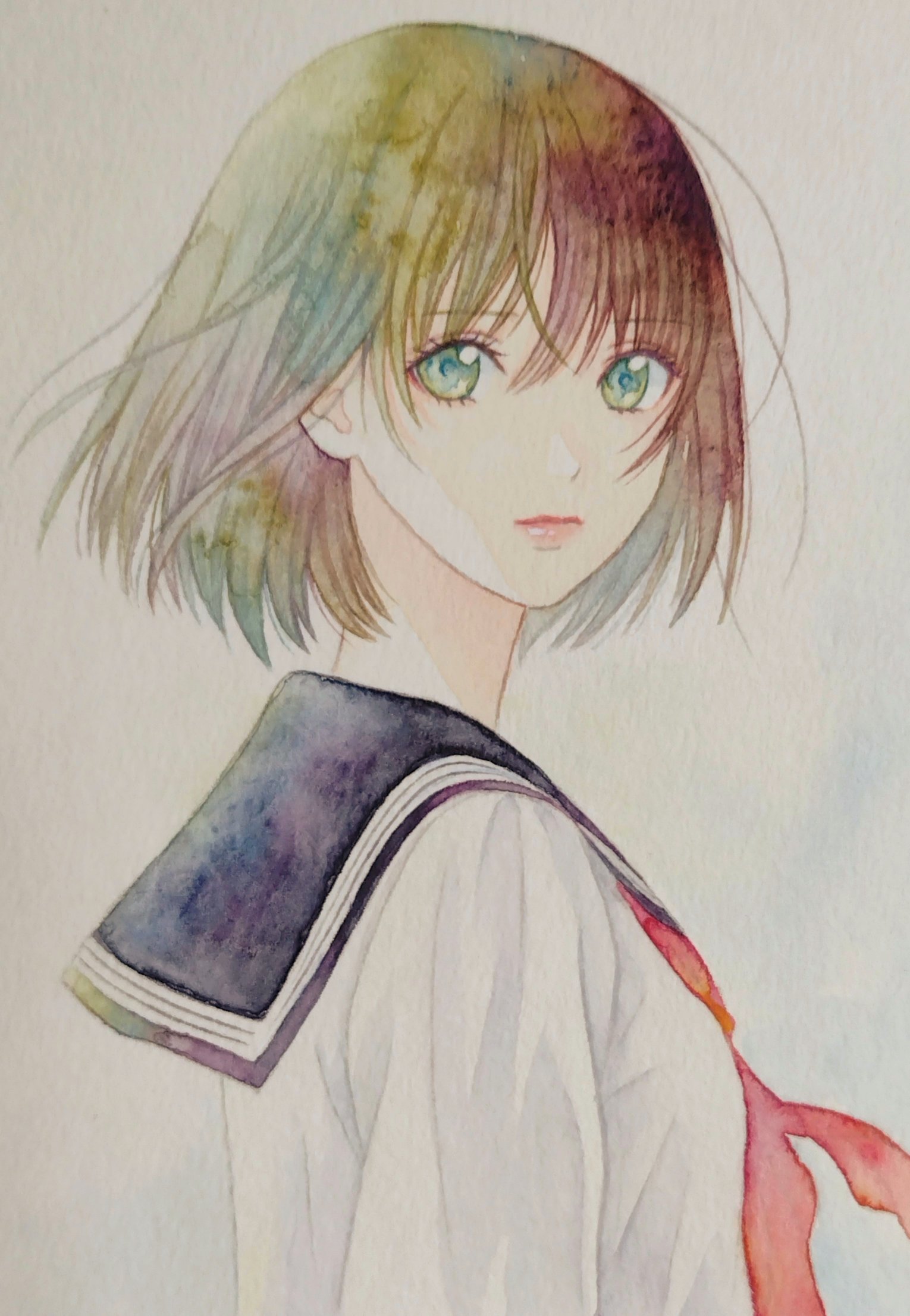 K N 描きました 水彩画 アナログ イラスト 創作の狼煙 イラスト基地 イラスト王国 絵描き人 女の子 線引者 セーラー服 女子高生 T Co 8wkmbqb6lz Twitter