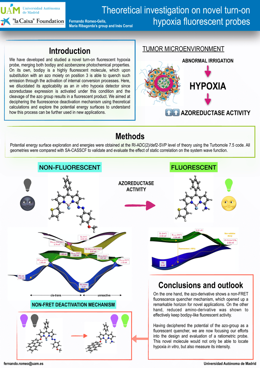 f_romeog's tweet photo. Hi everybody!! We are happy to present here our most recent work where we try to decipher the excited state interplay on the fluorescent properties of a novel turn-on hypoxia fluorescent probe 💡💡💡 @ESOR2021online  #ESOR2021poster https://t.co/DsYqOpA5pz
