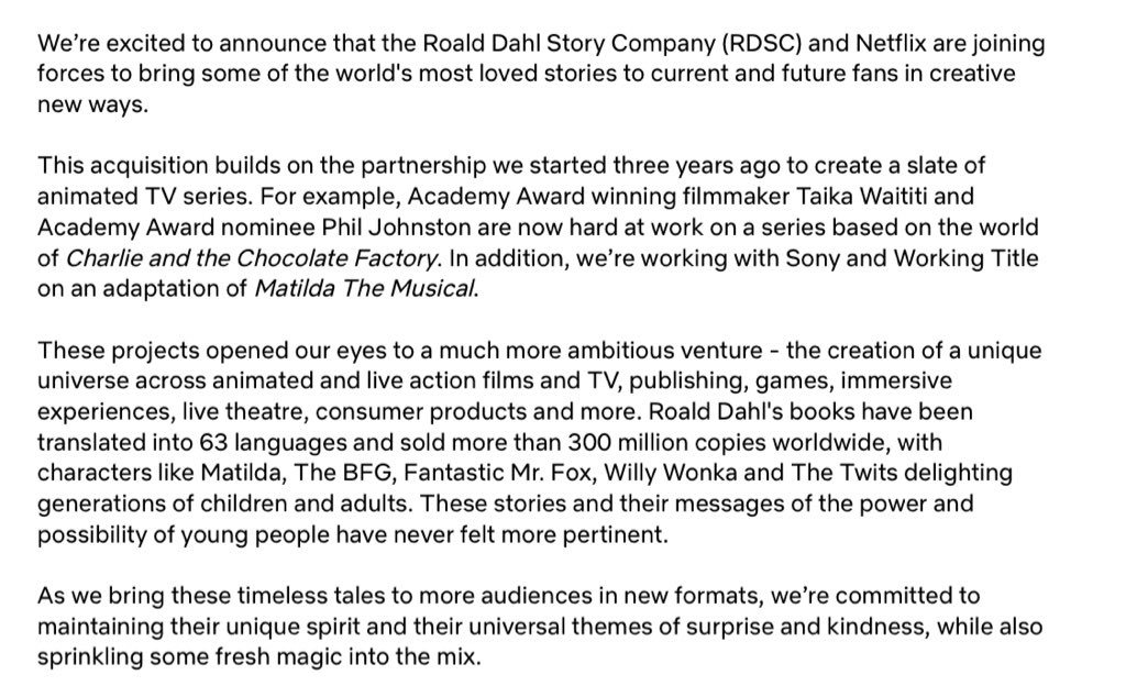 jimwaterson's tweet image. Netflix have bought the Roald Dahl estate and everything associated with Roald Dahl. Prepare for Dahl-themed everything.