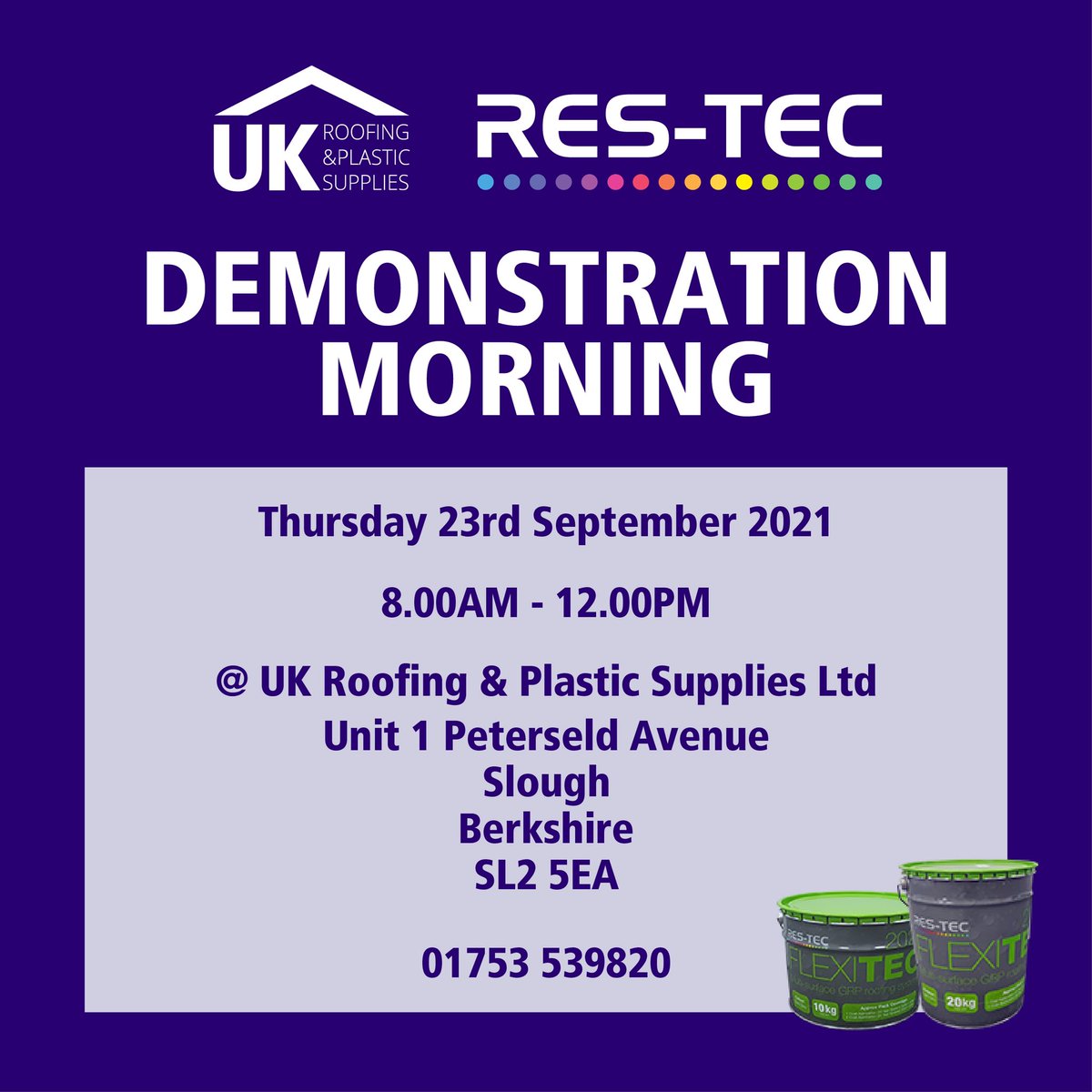 Meet the <a href="/ResTecRoofing/">Restec Roofing Systems</a> Systems team this Thursday 23rd at our Slough branch and get hands on with their range of GRP and liquid roofing systems. #ukroofingsupplies