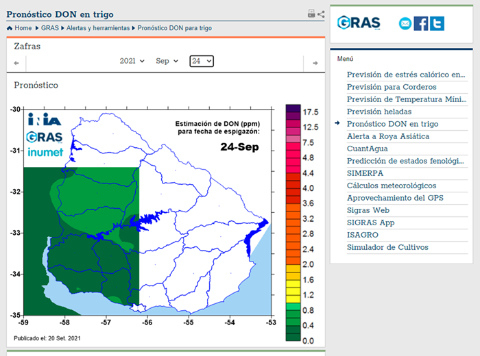 GRAS_INIA's tweet photo. *Pronóstico DON en trigo*
Actualización de la estimación de DON (ppm) para fechas de espigazón de hasta el 24 de setiembre.
Disponible en https://t.co/6r1cBpB7A4.
Información actualizada dos veces por semana (lunes y jueves). https://t.co/wlJ7r6ZJsF