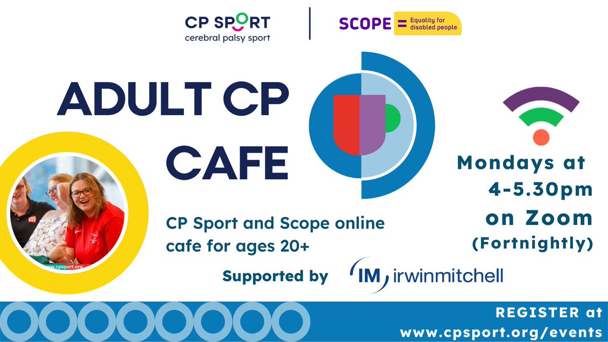 CP_Sport's tweet photo. Join us for our next virtual cafe with Scope for adults with cp aged 20+.
Registration is required but it's free at attend.
Taking place on Monday 27th September - register here: https://t.co/52Lb1ngKv1
Supported by Irwin Mitchell
#CPTogether https://t.co/is3jb2tooV
