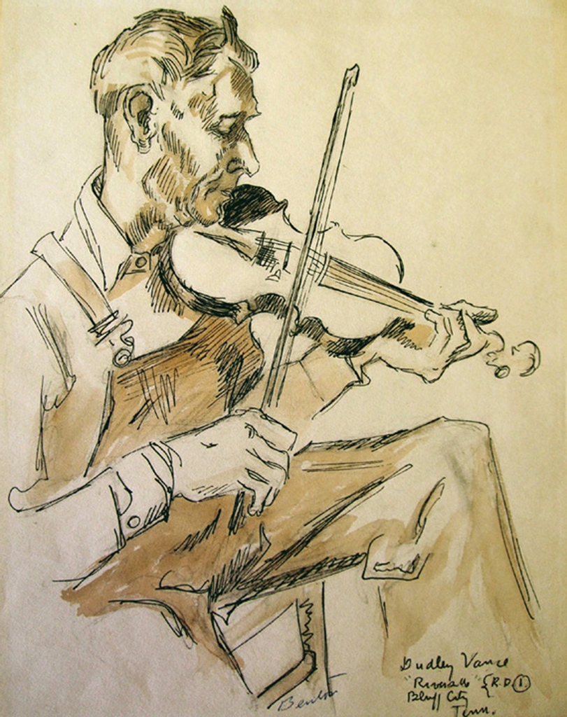 Sept 22nd, 1927: Vance's Tennessee Breakdowners record "Washington County Fox Chase" for OKeh in Winston, NC. Drawing of Dud Vance by Thomas Hart Benton in 1930. Tune in to Radio Bristol at 10am ET to hear it! #radiobristol #oldtimemusic  #countrymusichistory #thomashartbenton