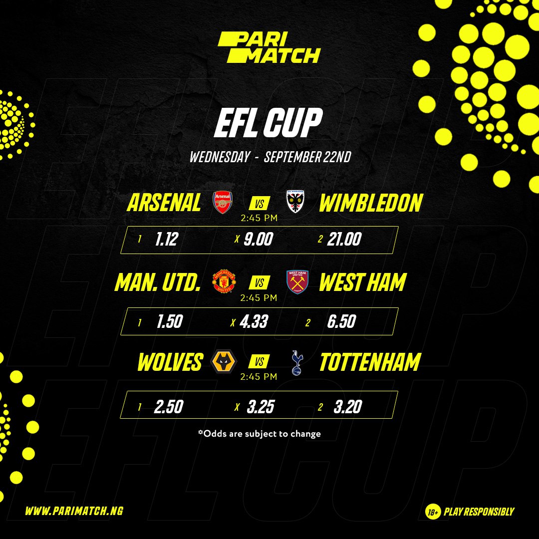 ParimatchNG's tweet photo. It was goals galore yesterday in the #EFLCup .
Do you see any upset today and which match would deliver most goals?
Bet here➡️ https://t.co/3t4Bbvaab0
#ParimatchisHere #CarabaoCup https://t.co/iwa1mVnmki