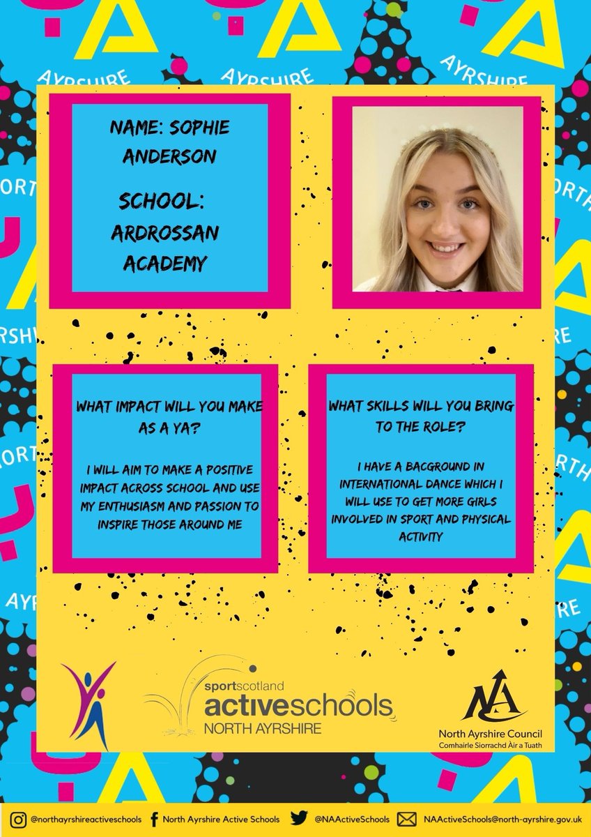 ActiveSchoolsJ's tweet photo. #NAYoungAmbassadors 💛🖤

Today we introduce our @sportscotland YA’s for @ArdAcademy

First up here is Sophie 💫

We asked our new YA’s 2 questions:

💛What impact will you make as a YA?
🖤What skills will you bring to the role? 

#NAActive https://t.co/t9Iqs1NDMF