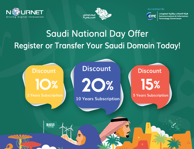 NourNetICT's tweet photo. Happy National Saudi Day 🇸🇦
Get your Saudi Domain now with a discount up to 20% 
Register Now! https://t.co/D7tzAogLGh

#SaudiArabia 
#saudinationalday91 
#NourNet https://t.co/sSLZWmN27L