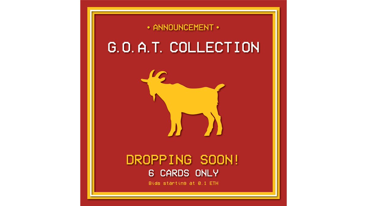 || ANNOUNCEMENT || 

We are proud to announce the launching of our final and greatest collection, featuring 6 cards of 6 GOATS, all of them legends (obviously) of their sport and society in general. Dropping soon!