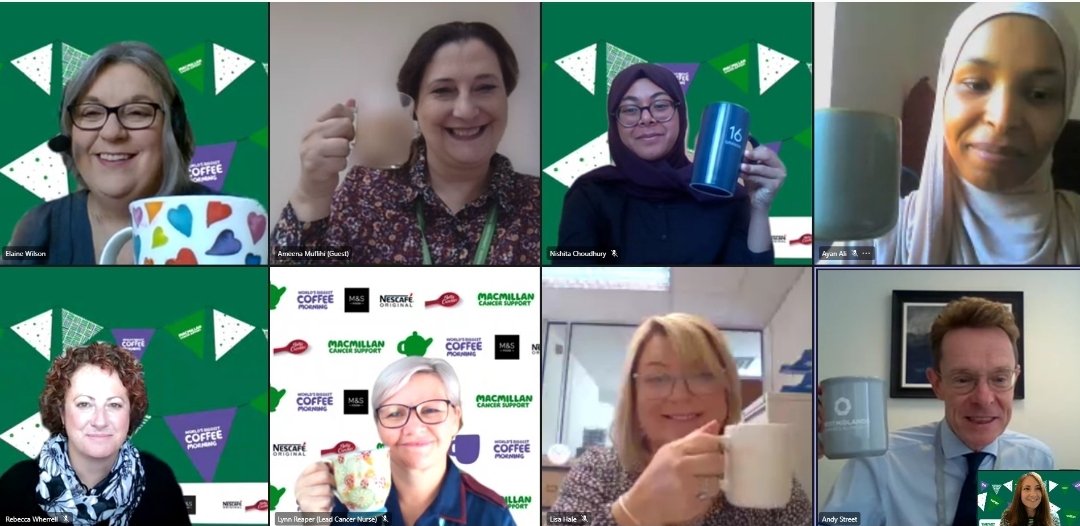 Wonderful being part of a virtual Coffee Macmillan morning with @MayorWestMids. Thank you Macmillan for all you do. No one needs to face cancer alone 🎗
#MacmillanCoffeeMorning
 @Mac_campaigning @MacmillanWMids 
@YCA @Pavmainn @KafillaM @RMuflihi @HealthySandwell @Lisa_McNally1