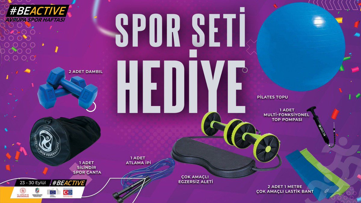 Başlıyoruz! 🏓⚽️⛹️‍♀️⛹️‍♂️🏹🚴‍♀️🎯
23-30 Eylül Avrupa spor haftası için #Beactive etkinliklerinde sende yerini al.😎
#HareketteBendeVarım ve <a href="/hisfed/">Herkes İçin Spor Federasyonu</a> etiketiyle paylaşım yapan 25 kişiye kura ile spor kitimizi hediye ediyoruz🎁
<a href="/gencliksporbak/">Gençlik ve Spor Bakanlığı 🇹🇷</a>
<a href="/hisfed/">Herkes İçin Spor Federasyonu</a>erasyonu
@eudelegationturkey
@hisfed