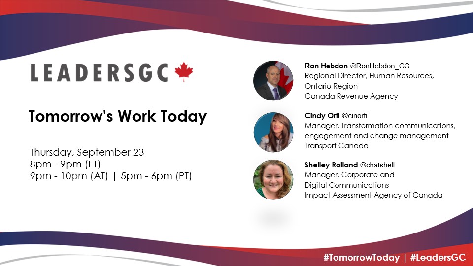 It's chat week! The #LeadersGC team is happy to be joined by three amazing guests for this month's discussion on "Tomorrow's work, today." Join us with <a href="/cinorti/">Cindy Orti</a>, @RonHebdon_GC and <a href="/chatshell/">Shelley Rolland-Poruks</a> this Thursday, September at 8 pm ET (5 pm PT) #TomorrowToday