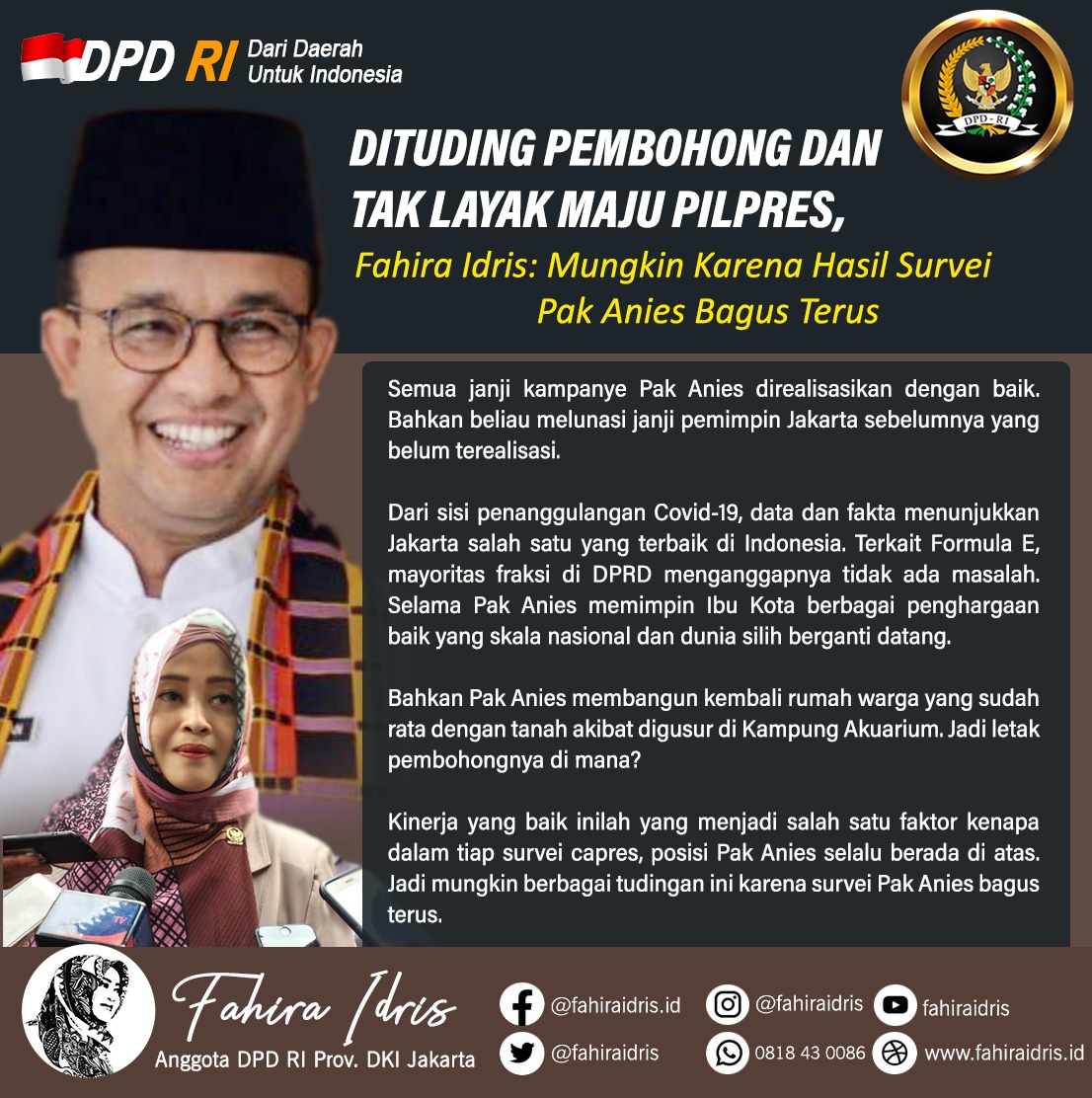 fahiraidris's tweet photo. Dituding Pembohong dan Tak Layak Maju Pilpres, 
Fahira Idris: Mungkin Karena Hasil Survei Pak Anies Bagus Terus

Semua janji kampanye Pak Anies direalisasikan dengan baik. Bahkan beliau melunasi janji pemimpin Jakarta sebelumnya yang belum terealisasi. 

Bersambung ... https://t.co/kA3Ub71OPG
