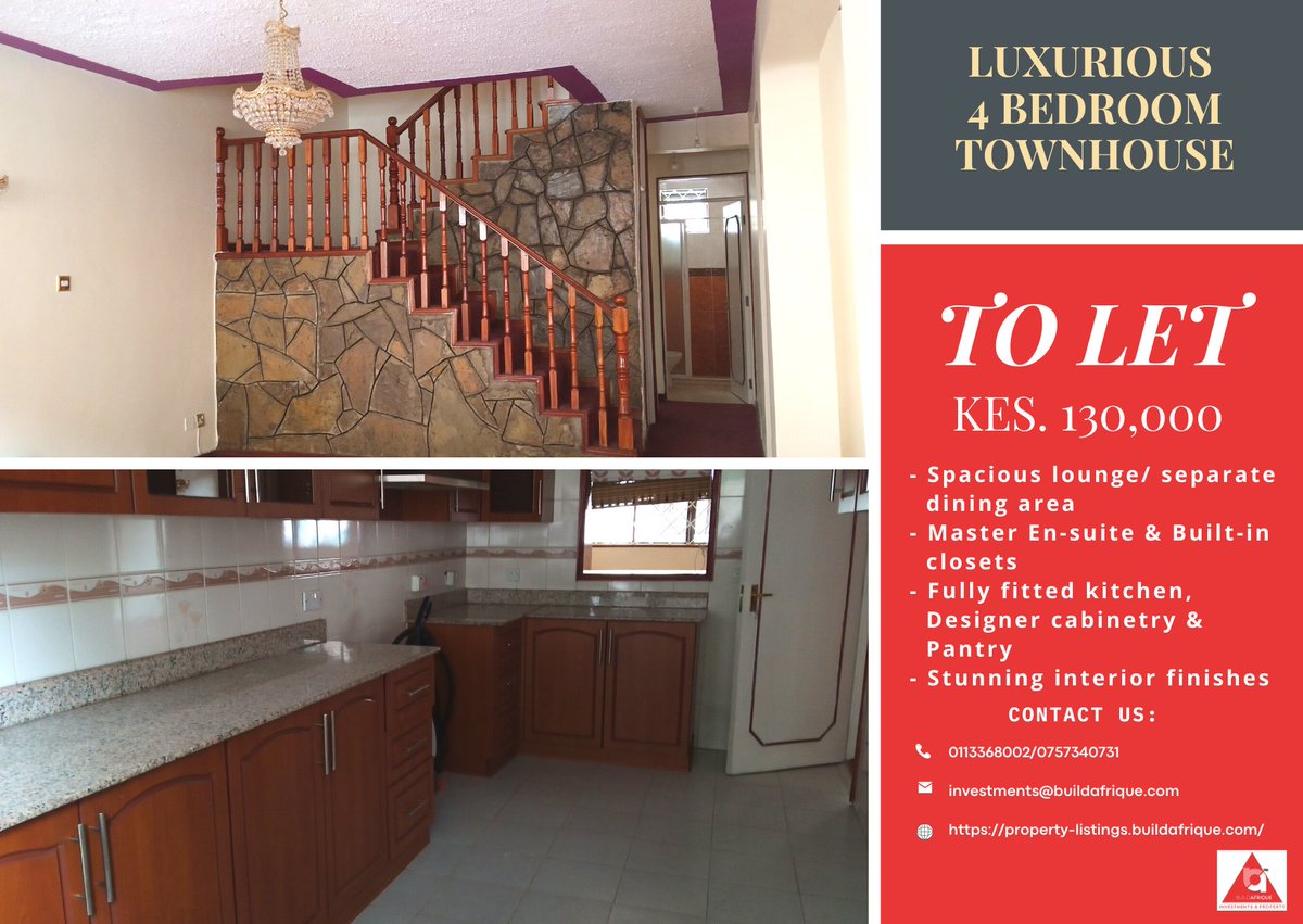 Luxurious and elegant 4 bedroom townhouse in the serene area of Kileleshwa. Letting at Kes. 130,000.

Get in touch today and book a viewing! 
Telephone No: 0113368002/ 0757340731
Or visit our website at: lnkd.in/dEBazW_k

#buildafriqueinvestments&amp;propertyltd #propertytolet
