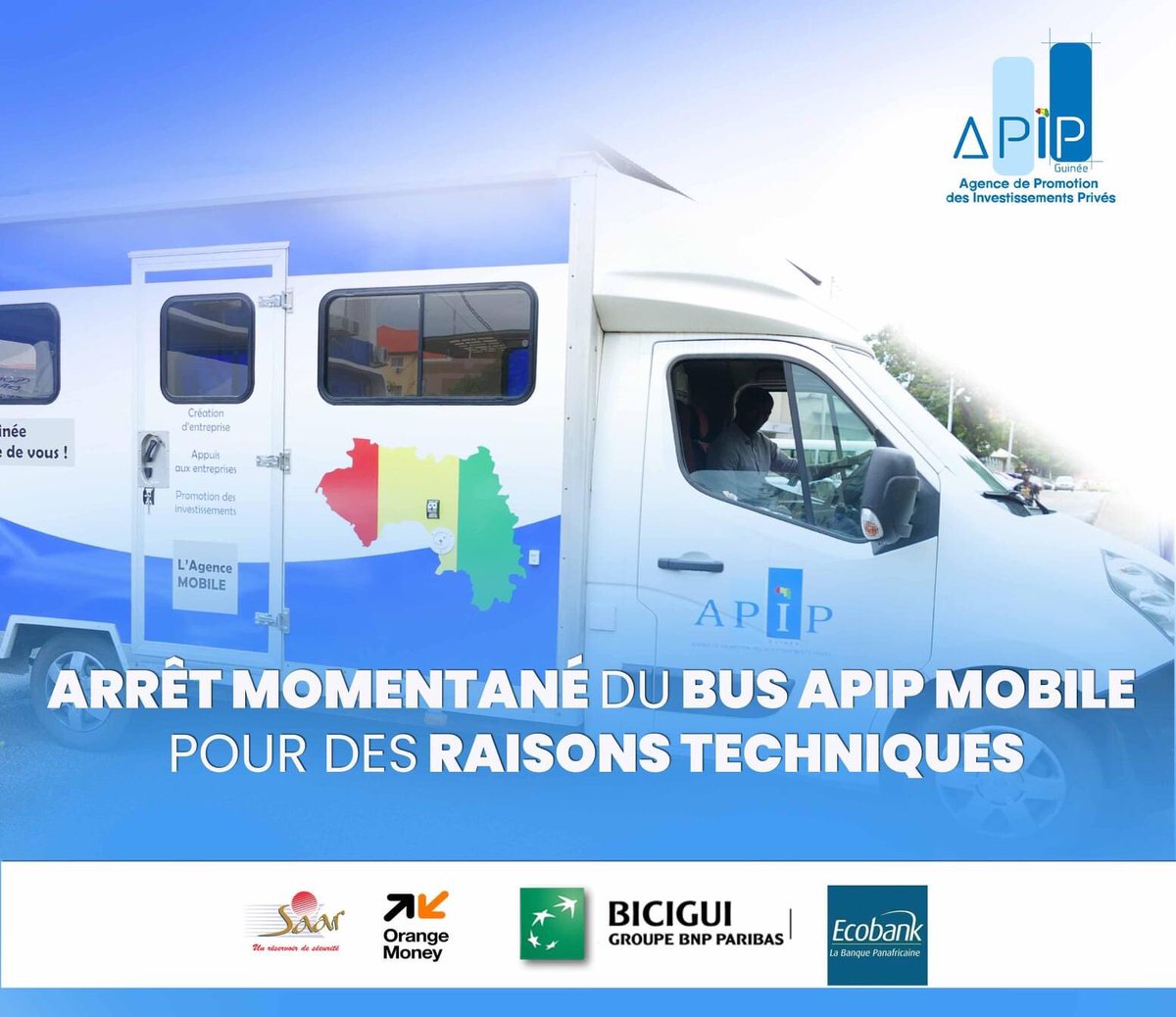 Invest_in_Gn's tweet photo. đšArrĂȘt temporaire APIP Mobile
Nous tenons Ă informer lâensemble des usagers que le bus #APIPMobile est momentanĂ© indisponible pour des raisons techniques
La Direction Générale a pris les dispositions nécessaires pour remédier à ce problÚme dans un bref délai.
đ 656 31 11 18 https://t.co/jBEBnJBAvg