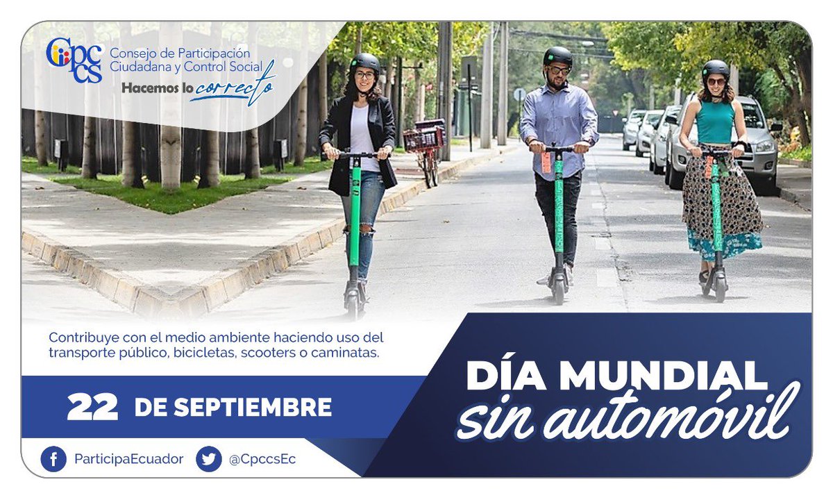 #DíaMundialSinAuto. 
El #CPCCS promueve #VeeduríasCiudadanas al cumplimiento de ordenanzas públicas que propician el uso de medios de movilidad alternativos y sustentables. #HacemosLoCorrecto