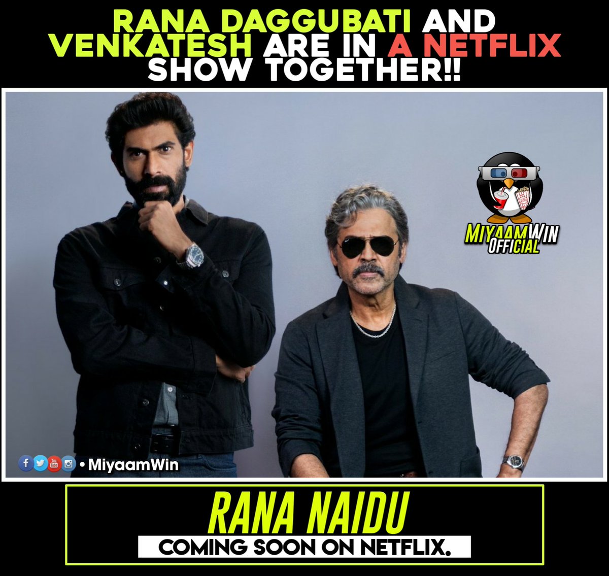miyaam_win's tweet photo. 🚨THIS IS NOT A DRILL!🚨
Rana Daggubati and Venkatesh are in a Netflix show together!!

#RanaNaidu, coming soon on Netflix.
@RanaDaggubati @VenkyMama @krnx @Suparn @IncLocomotive @ViaCBSGlobalDst 
#RanaDaggubati #Netflix #Venkateshdaggubati https://t.co/cDnz6GWO21