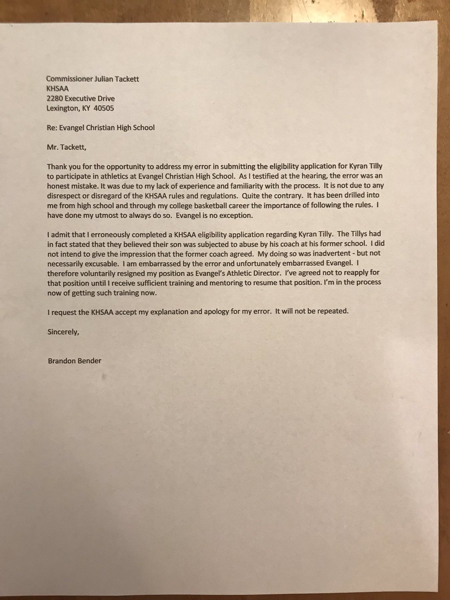 kyhighs's tweet photo. One agenda item on today’s KHSAA Board of Control meeting is “Status Report on Evangel Christian.” Included are three documents, one of which says Brandon Bender has been “indefinitely relieved of his duties” as Evangel’s athletic director. https://t.co/9t6502NOFF