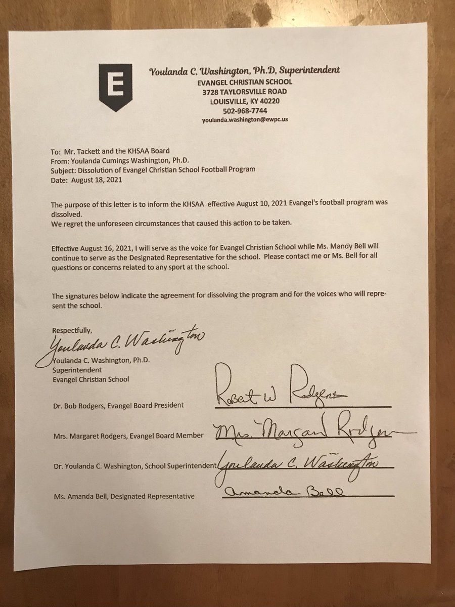 kyhighs's tweet photo. One agenda item on today’s KHSAA Board of Control meeting is “Status Report on Evangel Christian.” Included are three documents, one of which says Brandon Bender has been “indefinitely relieved of his duties” as Evangel’s athletic director. https://t.co/9t6502NOFF