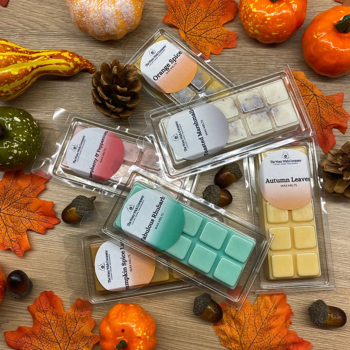 TheWaxyWickCo's tweet photo. Our autumn collection will be live tonight from 6pm in our brand new Snap Bar wax melt style!🍁🎃

•Autumn Leaves
•Pumpkin Spice Latte
•Toasted Marshmallow
•Orange Spice
•Fabulous Rhubarb
•Raspberry &amp; Peppercorn https://t.co/zZ0xKTb0S9