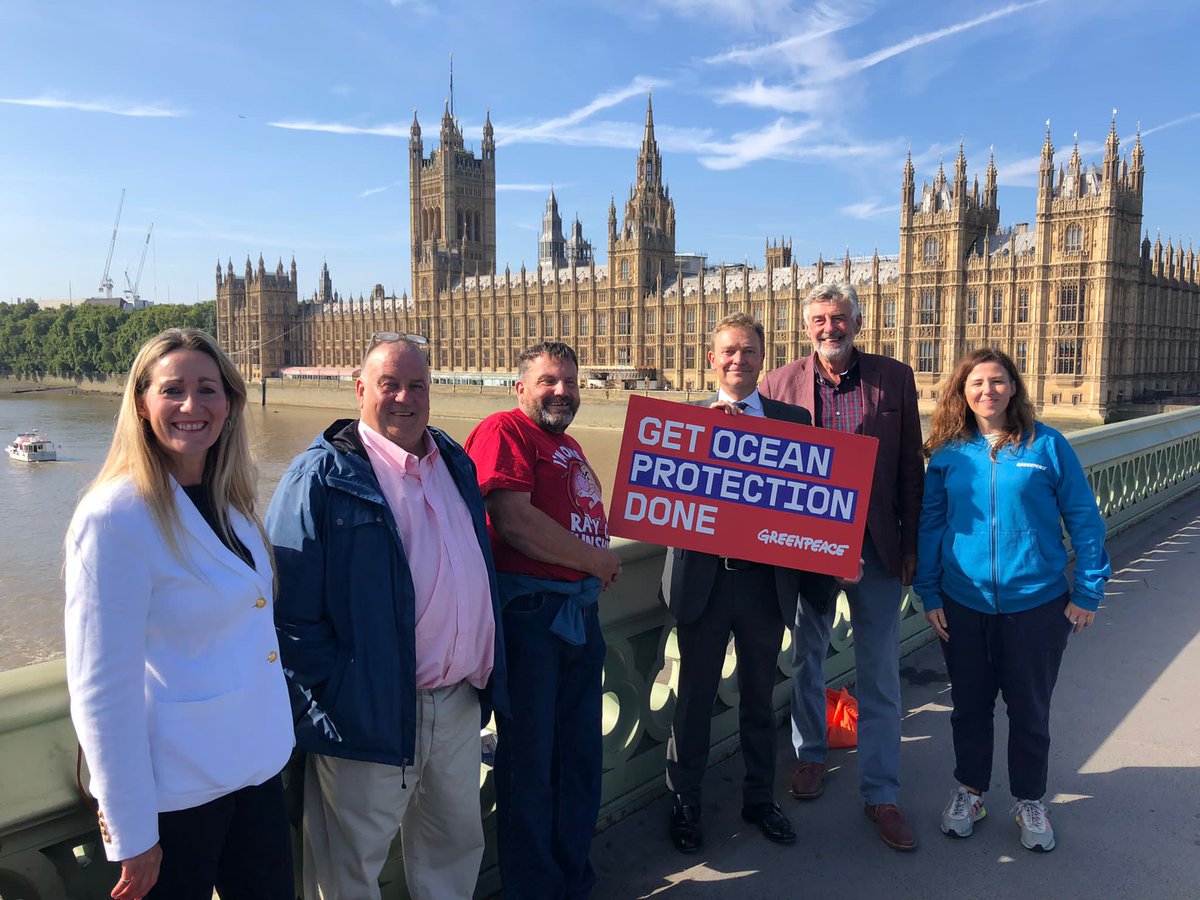 GreenpeaceUK's tweet photo. Great to have the support of @cmackinlay, who came to meet us and local fishermen outside Parliament this morning to support the flotilla and discuss the threat of industrial fishing to coastal communities #GetOceanProtectionDone https://t.co/AYfXMsXpeF
