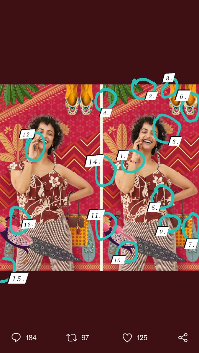 thatstreetchic_'s tweet photo. @myntra Marked all💃
1watch strap
2leaf
3lotus
4side line 
5top print
6jutti design
7white dot
8top sidedesign
9Bag 
10pant white dot
11line/stem of design on peacock
12earing missing 
13peacock beak blue dots
14Background 
15pattern
#MyntraBFFComingSoon #BiggestBrandsOnMyntraBFF @myntra https://t.co/9bBrLpqr2g