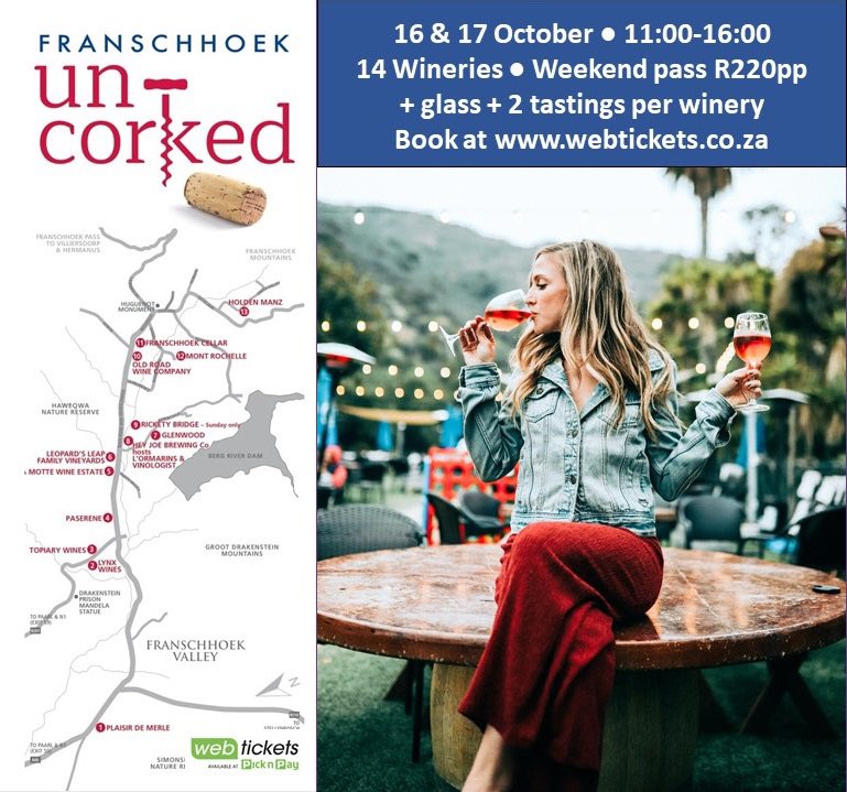 Ready for this year's Franschhoek Uncorked? It's going to be a fantastic weekend with 14 wineries offering great wines, scrumpy foods, live music etc. Only R220pp for a weekend pass plus a free glass and two tastings per winery. Book <a href="/webticketsSA/">webtickets.co.za</a> <a href="/Franschhoek_SA/">Franschhoek Wine Valley</a>