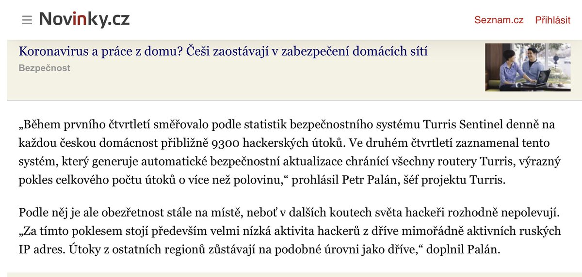 turris_cz's tweet photo. "Hackeři útočí na české domácnosti méně. Stále jde však o tisíce útoků denně." @novinkycz 

https://t.co/msIgxxFZTm

#TurrisSentinel #Firewall #TurrisShield #TurrisOmnia #MoreThanARouter #OpenSource #WiFiRouters #CZNIC https://t.co/7ooH3Ejakw