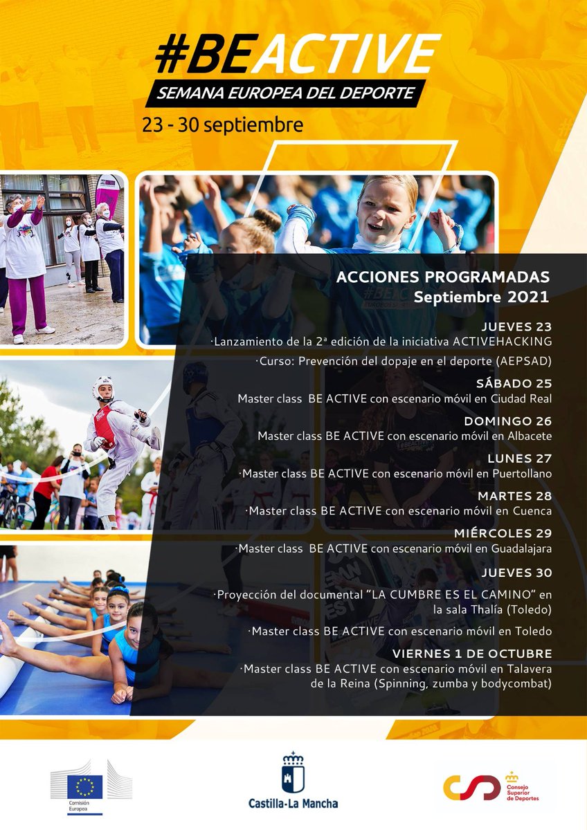 deportesclm's tweet photo. ✅ Semana Europea del Deporte (23 al 30 de septiembre)
🤸🏻♀️ Una iniciativa de la Comisión Europea para luchar contra la lacra de la obesidad y el sedentarismo a favor de una vida saludable y activa
👇🏽 Actividades programadas
#SemanaEuropeaDelDeporte #DeportesCLM #BeActiveCLM https://t.co/eJCMMdU1pA