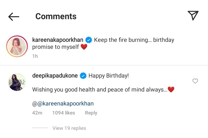 [Instagram] Deepika Padukone commented under Kareena Kapoor Khan\s latest post wishing her Happy Birthday 