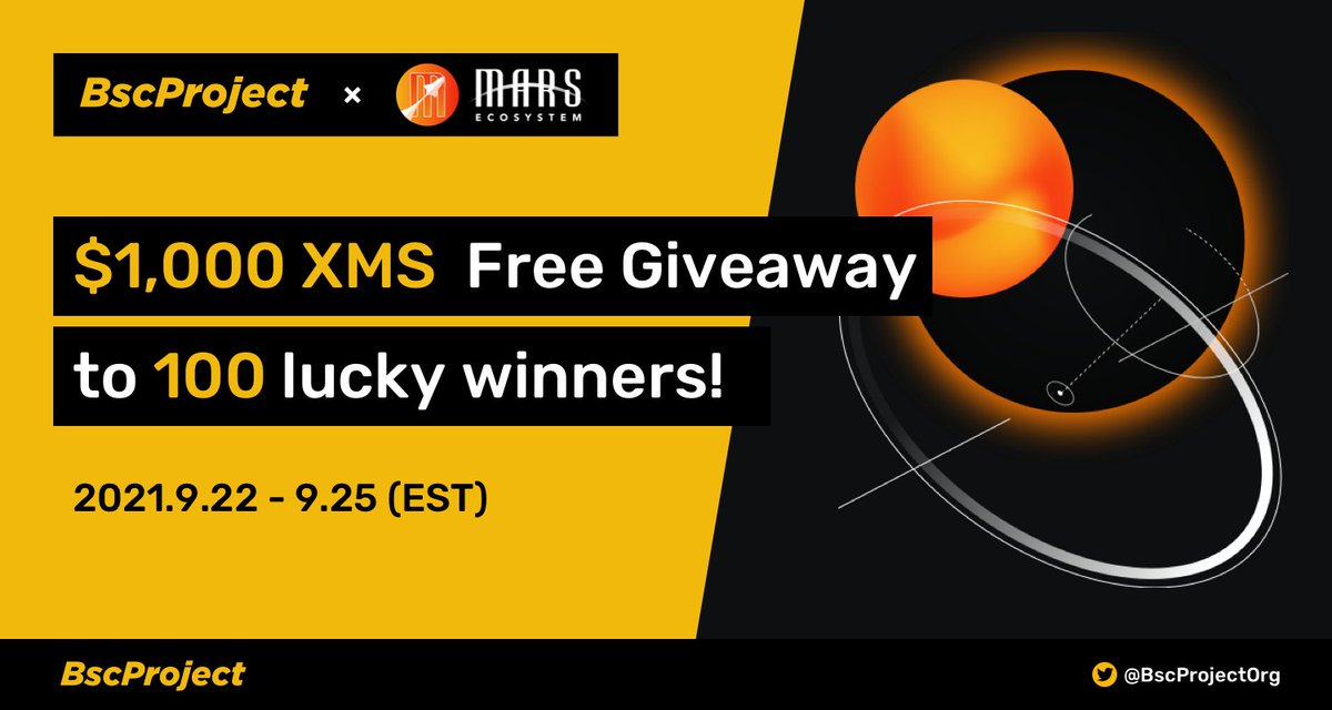 BSC Project teamed up Mars Ecosystem with  to give out $1000 XMS #giveaway  to 100 luck winners!🎁🎁

👉Follow <a href="/BscProjectOrg/">BNB Project</a> and <a href="/MarsEcosystem/">Mars Ecosystem</a> 
🔥RT and @ 3 friends
📝Fill the form:forms.gle/MxEY8MTo5Kj9c5…

#bscproject $XMS #BinanceSmartChain