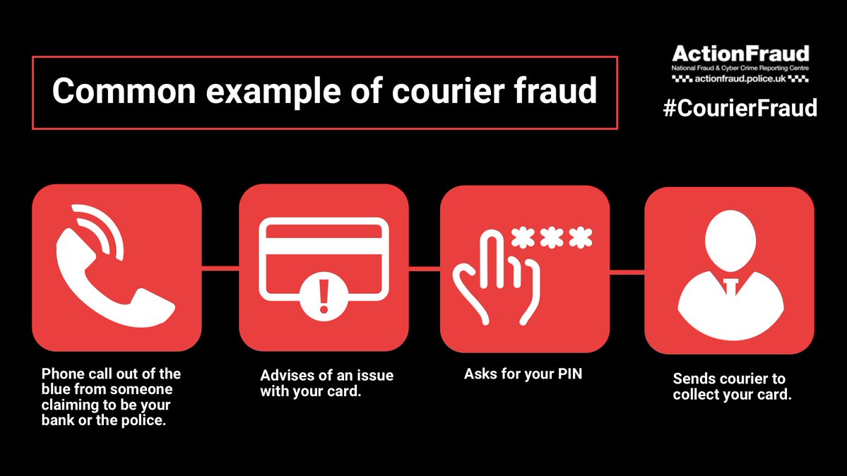 Courier fraudsters will typically call you pretending to be a police officer or bank official.

Your bank or the police will never call you to ask you to verify your personal details or PIN by phone, or to pick up your bank card by courier.

actionfraud.police.uk/courierfraud