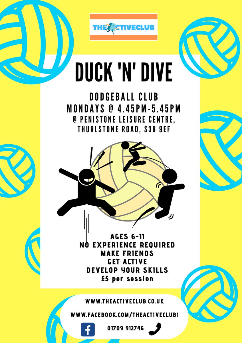 PenistoneLeisureCentre (@centrepenistone) on Twitter photo New for <a href="/CentrePenistone/">PenistoneLeisureCentre</a> is āduck ānā dive dodgeball clubā from <a href="/TheActiveClub1/">TheActiveClub</a>
Join Dan and the team on Mondays at 4:45-5:45 for a fun session for kids aged 6-11 New for <a href="/CentrePenistone/">PenistoneLeisureCentre</a> is āduck ānā dive dodgeball clubā from <a href="/TheActiveClub1/">TheActiveClub</a>
Join Dan and the team on Mondays at 4:45-5:45 for a fun session for kids aged 6-11