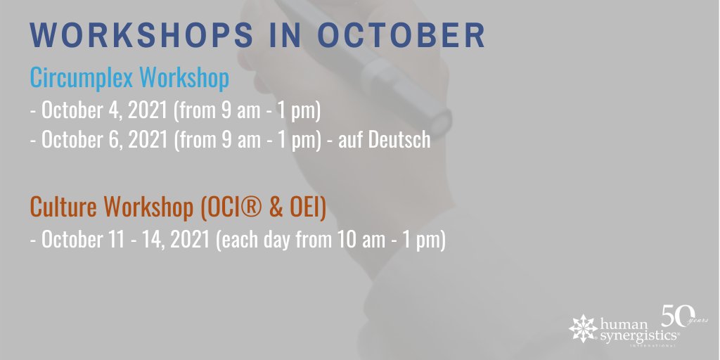 HS_InterConnext's tweet image. WORKSHOPS IN OCTOBER 

We will have a CIRCUMPLEX Workshop in English and German. Furthermore, we scheduled a CULTURE Workshop. 

To register or receive more information contact us: bit.ly/3erwmkJ 

#workshops #culturechange #organizationalculture