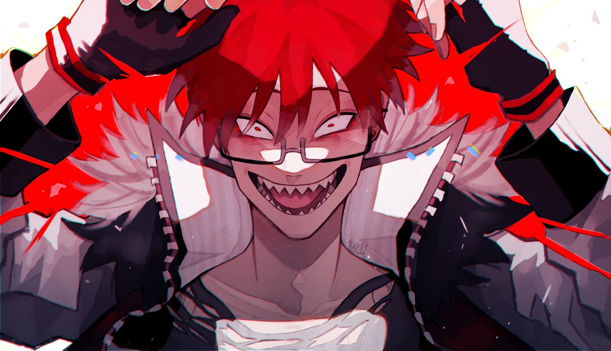 1boy male focus teeth red eyes gloves red hair solo  illustration images