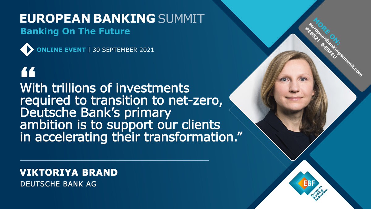 📌Which are the priorities of EU banks in the future? 

Viktoriya Brand, Head of Group Sustainability, <a href="/DeutscheBank/">Deutsche Bank</a> stresses the importance of supporting customers in the transition.  
  
👉Register for #EBS21 to learn how banks are #BankingOnTheFuture: bit.ly/3zu0Iex