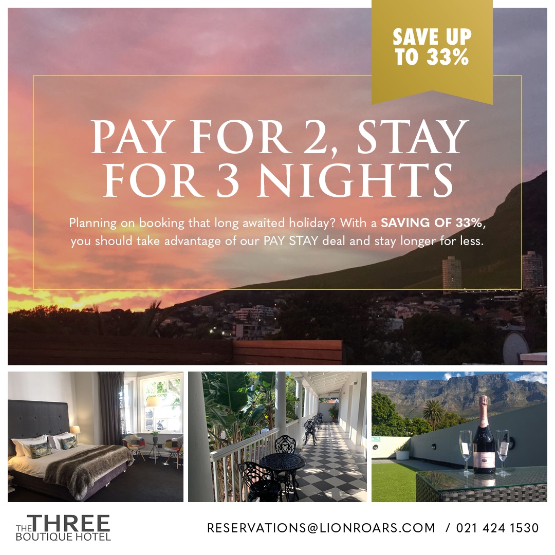 Three Boutique Hotel (@threehotel) on Twitter photo Enjoy yourself this coming long weekend! BOOK FOR 3 NIGHTS AND ONLY PAY FOR 2!
For more details, our reservations team is eager to assist:
☎️:021 424 1530
💻:reservations@lionroars.com Enjoy yourself this coming long weekend! BOOK FOR 3 NIGHTS AND ONLY PAY FOR 2!
For more details, our reservations team is eager to assist:
☎️:021 424 1530
💻:reservations@lionroars.com