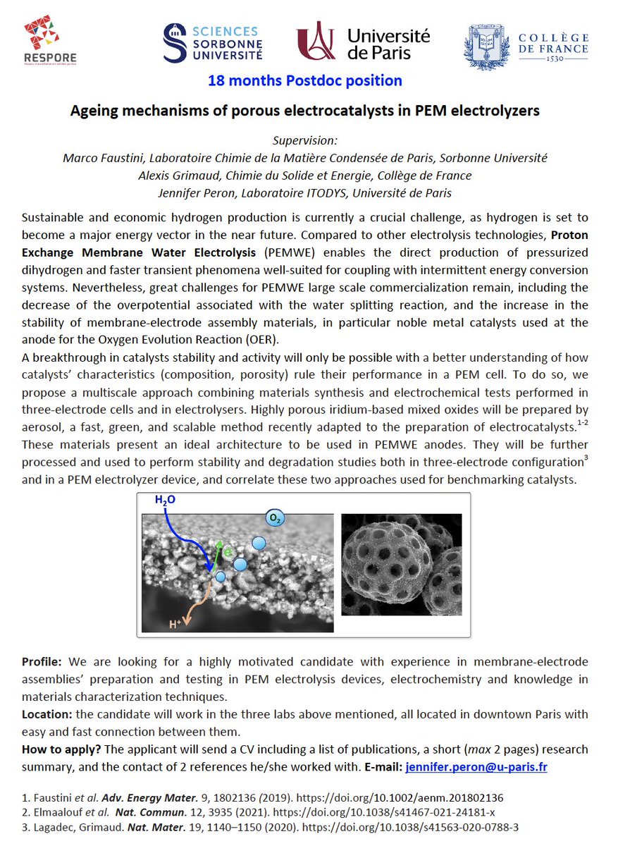 Post-doc offer📢📢 Interested in #hydrogen generation devices, #electrocatalysis and good looking #porous materials? Join us! A collaborative project with @JenniferPeron @Univ_Paris and Alexis Grimaud @CSElab_Paris funded by @DimRespore RT appreciated!