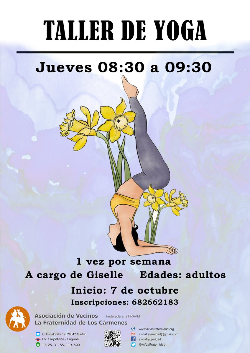 Taller de yoga
- A cargo de Giselle 
- Jueves de 8:30 a 9:30. 1 vez por semana
- Inicio: 5 octubre
- Edades: adultos
- Inscripciones: 682662183 
#loscarmenes #carpetana #laguna