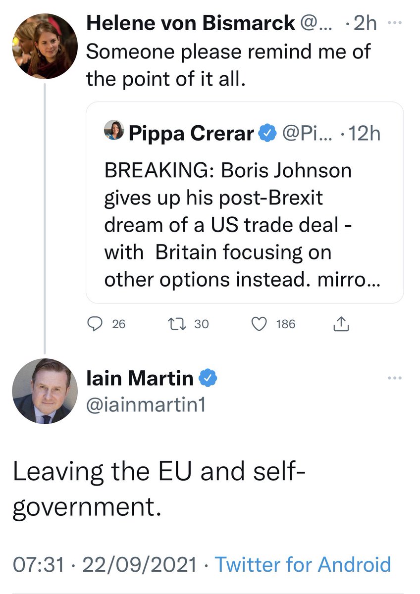 AndrewPRLevi's tweet image. This exchange between @HeleneBismarck &amp;amp; @iainmartin1 is a thing of beauty.

The point of leaving the EU was:

▪️the act itself

▪️a purported change in circumstance which, other than the ability to claim it’s occurred, brings no benefits (or none worthy of mention)

So, all good.