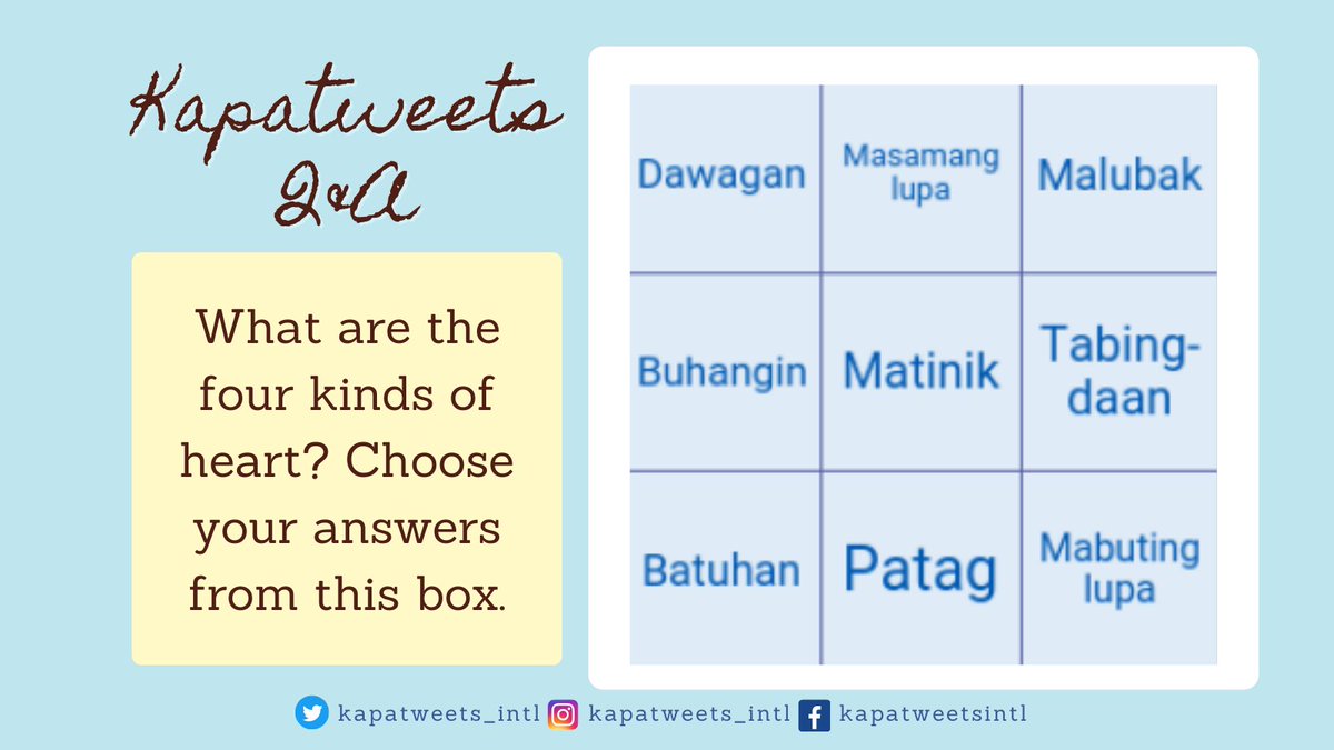 Kapatweets_Intl's tweet photo. Ito naman, Kapatweets!

Share your responses with our official hashtags.

You may screenshot the box and put a cross/check on your answers. 😊

#PureDoctrinesOfChrist
#BiblicalDoctrinesDay13 https://t.co/h1j9hHJiod