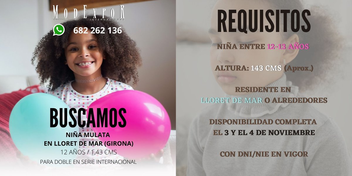🔍 ¿Tienes una hija mulata y vivís en Lloret de Mar o alrededores? ¿Tiene entre 12 y 13 años? ¿Mide 143 cms aproximadamente? ¡La estamos buscando! 📽️ Vamos a rodar una escena para una importante producción internacional y ella haría de doble de la actriz principal. 

#lloretdemar