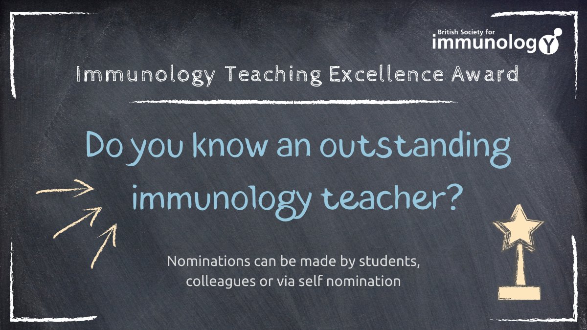 Are you a #BSc or #MSc student and want to recognise an exceptional #immunology teacher? 

💡 Why not nominate them for our Teaching Excellence Award 2021? 👉bit.ly/3zbj4AR

Nomination deadline: 17 Oct 📅