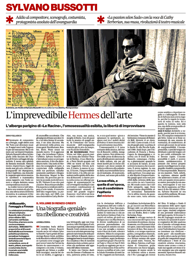 Su <a href="/ilmanifesto/">il manifesto</a> ancora una bellissima pagina dedicata a Sylvano Bussotti, scomparso pochi giorni fa alla soglia dei 90 anni. '90Bussotti", la rassegna con cui Firenze lo ricorda, si concluderà sabato 25 con un doppio appuntamento al <a href="/MuseoMariniFi/">Museo Marino Marini Firenze</a> e al <a href="/maggiomusicale/">Teatro del Maggio</a>