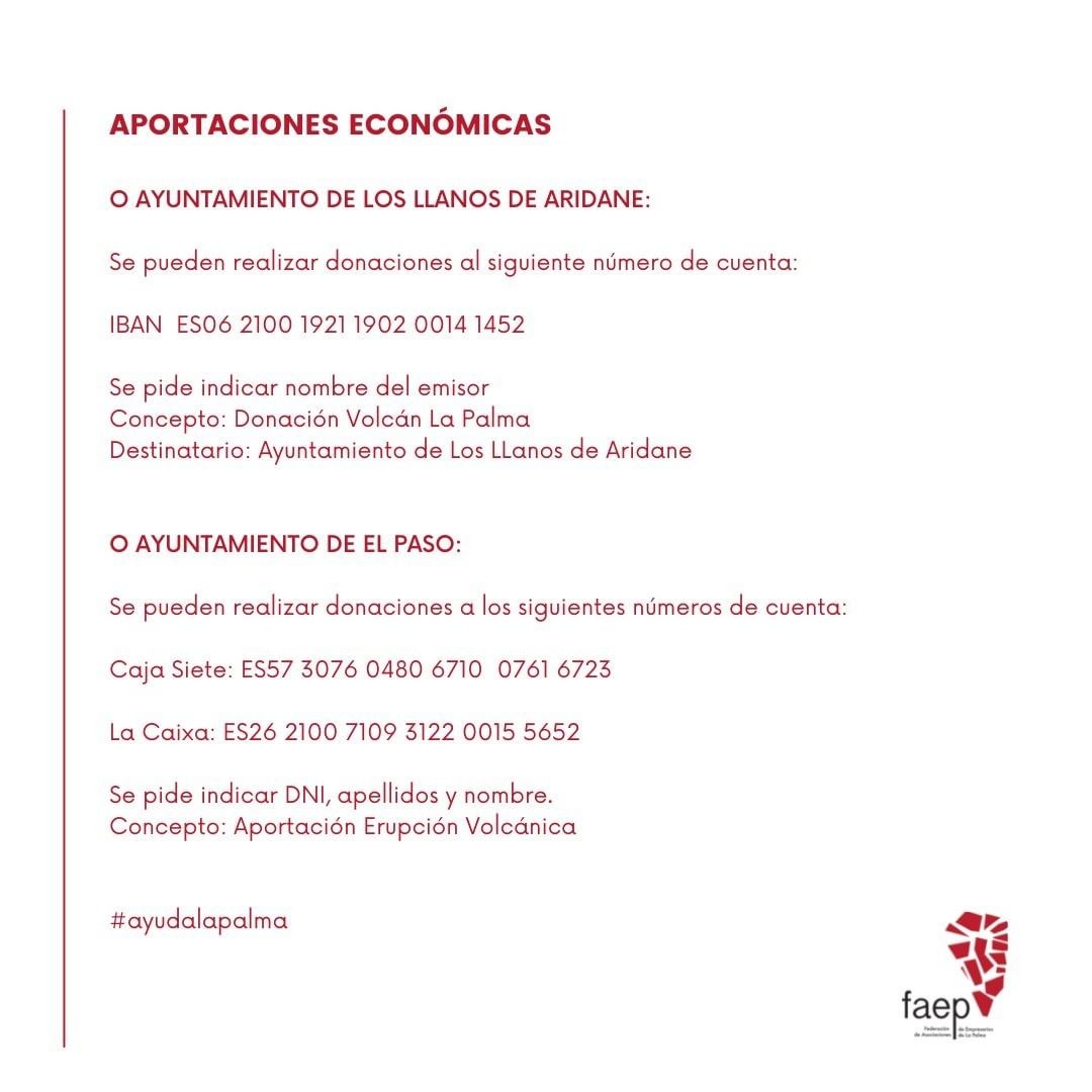 EXOLSpain's tweet image. HILO CON FORMAS DE AYUDAR A LOS DAMNIFICADOS POR LA ERUPCIÓN DEL VOLCÁN CUMBRE VIEJA DE LA PALMA.

   ❗Ampliaremos la información más adelante. Sed libres de comentar en el hilo otras formas de ayudar.

📎instagram.com/p/CUGALBzNR0Y
     + Asociaciones en sus historias de Instagram.