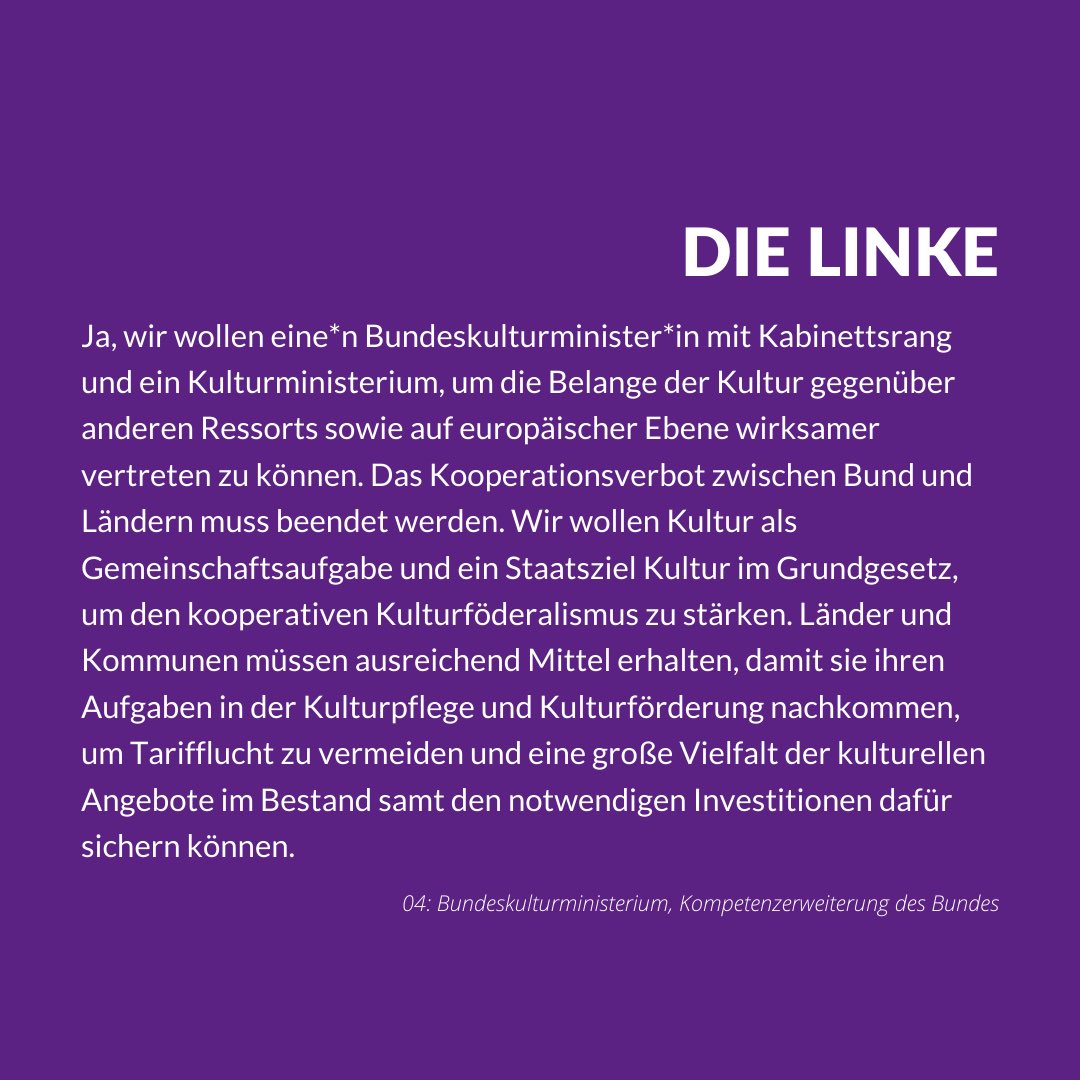#Wahlprüfsteine #btw21 
Frage 4 zu einem Bundeskulturministerium &amp; der Kompetenzerweiterung des Bundes. 
Antworten von #Gruenen #CDUCSU #DieLinke 
#btw2021 #btw21 #wahlprüfsteine #freofragt #wirsindfreo #fürdiefreien (1/2)
📷 Markus Zucker (Solistenensemble Kaleidoskop)