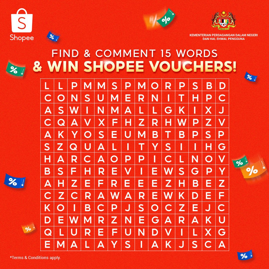 ShopeeMY's tweet photo. 💖 RM25 Shopee Voucher Giveaway 💖

Can you find all the words relating to Consumerism, Malaysia Day and Shopee? 😉 If you can, follow the below steps ⬇️

🎁 RM25 Shopee Voucher x 50 Twitter Winners

#ShopeeMY #KPDNHEP #MDTCA #PembeliBijak #RakanKPDNHEP https://t.co/PzO4oFICsO