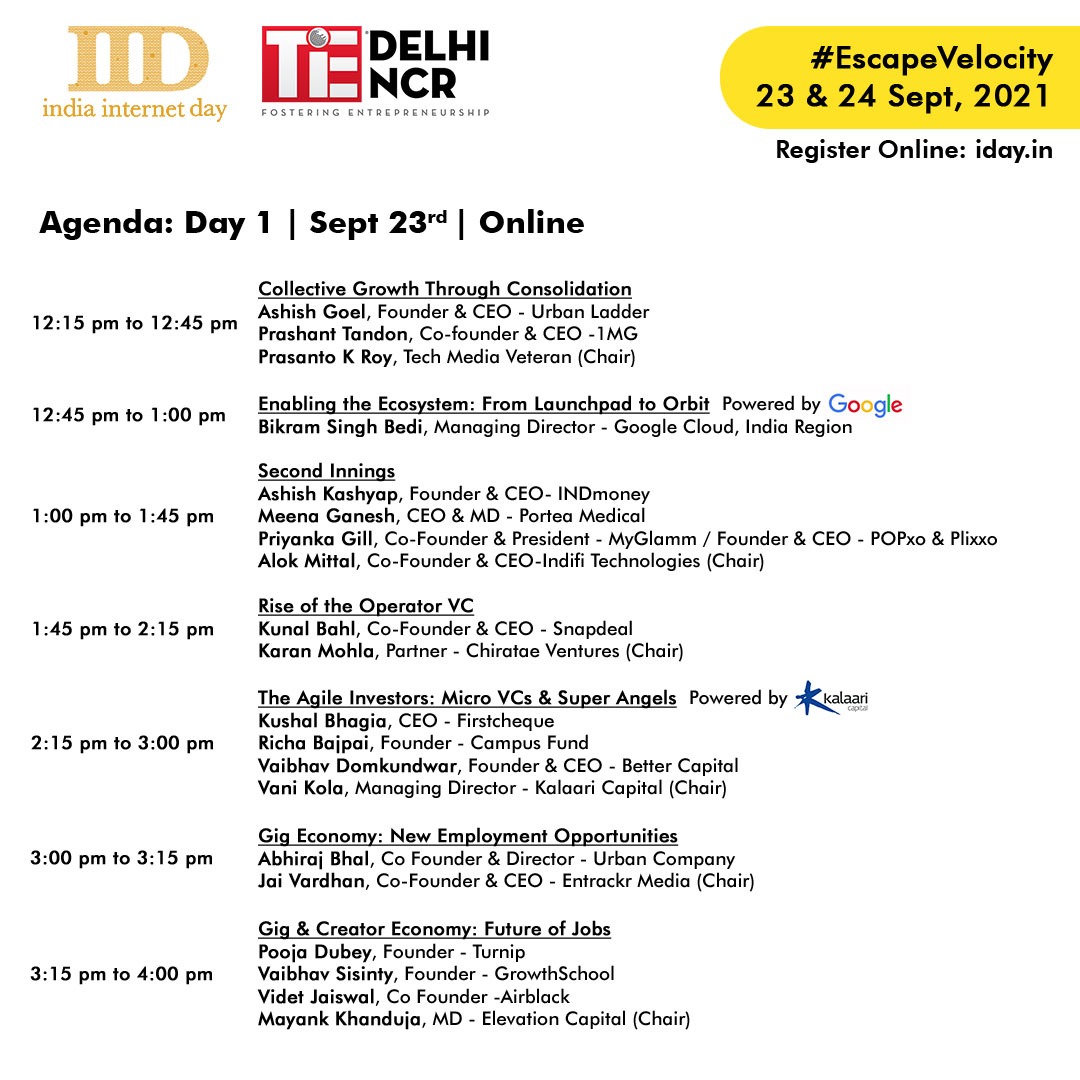 suchitasalwan's tweet photo. #Day1 Tomorrow's line up for #iday2021 😍😍😍 #EscapeVelocity
If I do say so myself, WOW! 
It's all online- sign up on https://t.co/E9orGBIwT9 🎉
@ShereenBhan @KaranMohla @TiEDelhi @alokmittal001 @DeepKalraMMT @RajanAnandan @dkhare @priyankagill @rajatgarg79 @abhishekmgupta https://t.co/GnK6SF1vW8
